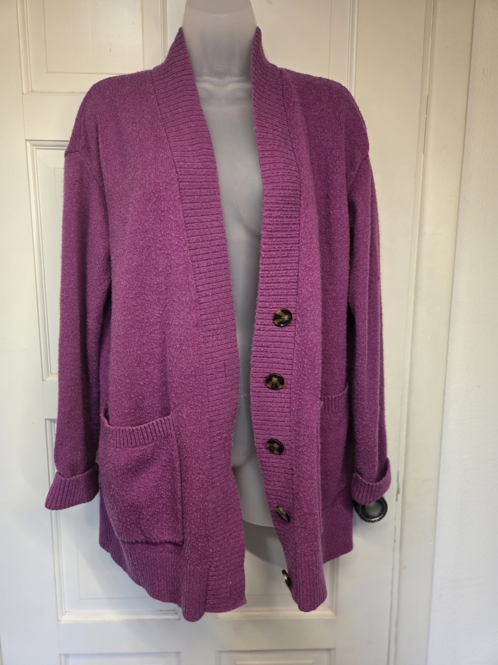Ann Taylor Magenta Button-Front Open Cardigan Fuzzy